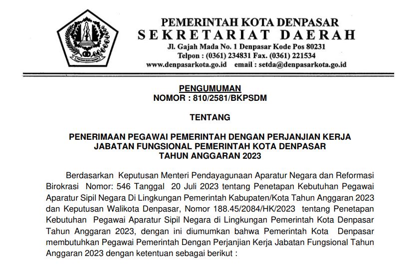 PENGUMUMAN PENERIMAAN PEGAWAI PEMERINTAH DENGAN PERJANJIAN KERJA JABATAN FUNGSIONAL PEMERINTAH KOTA DENPASAR TAHUN ANGGARAN 2023