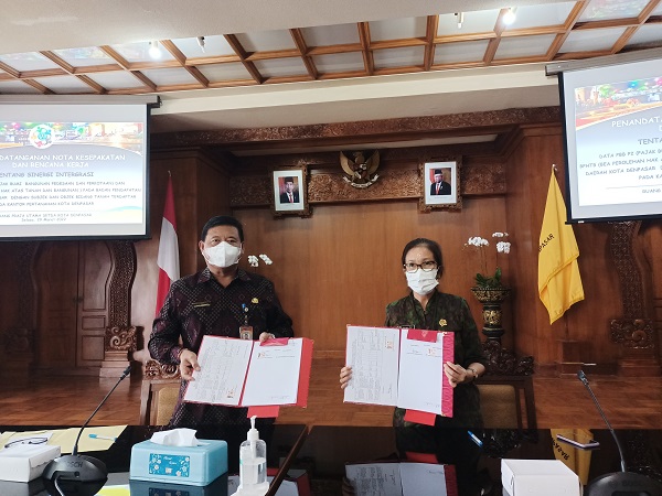 Pemkot Denpasar-BPN Denpasar Tanda Tangani Nota Kesepahaman Tentang Sinergi Intregasi Data PBB P2 dan BPHTB.